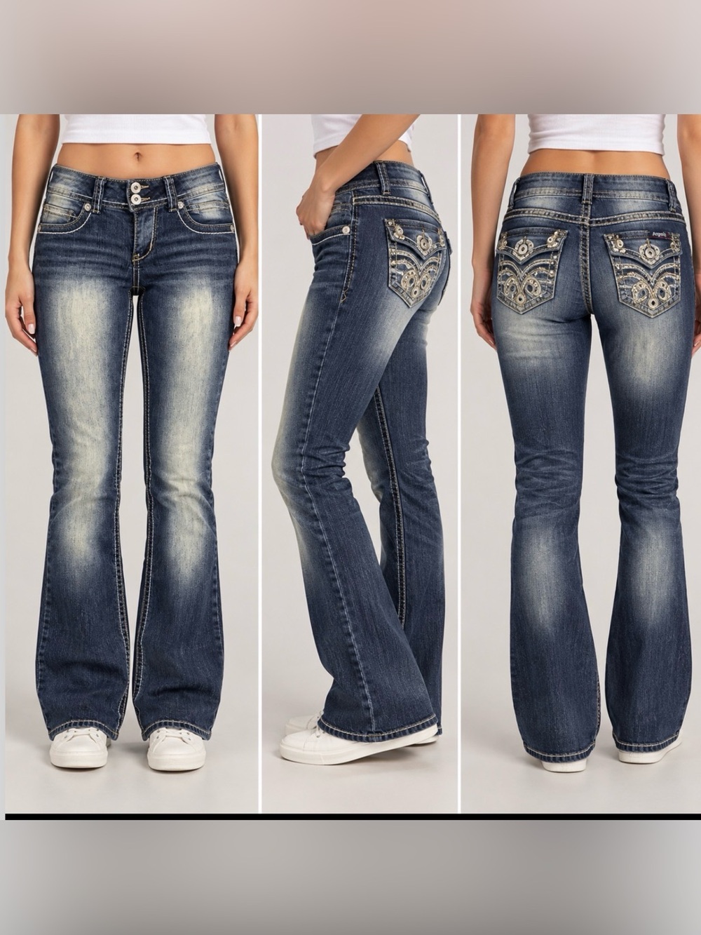 Angels Jeans Women Y2K Low Rise Bootcut Flare Rhinestone Embellished Dark Wash